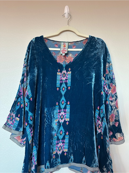 Johnny Was Tops - Johnny Was Teal Velvet Tunic with Multicolor Embroidery
